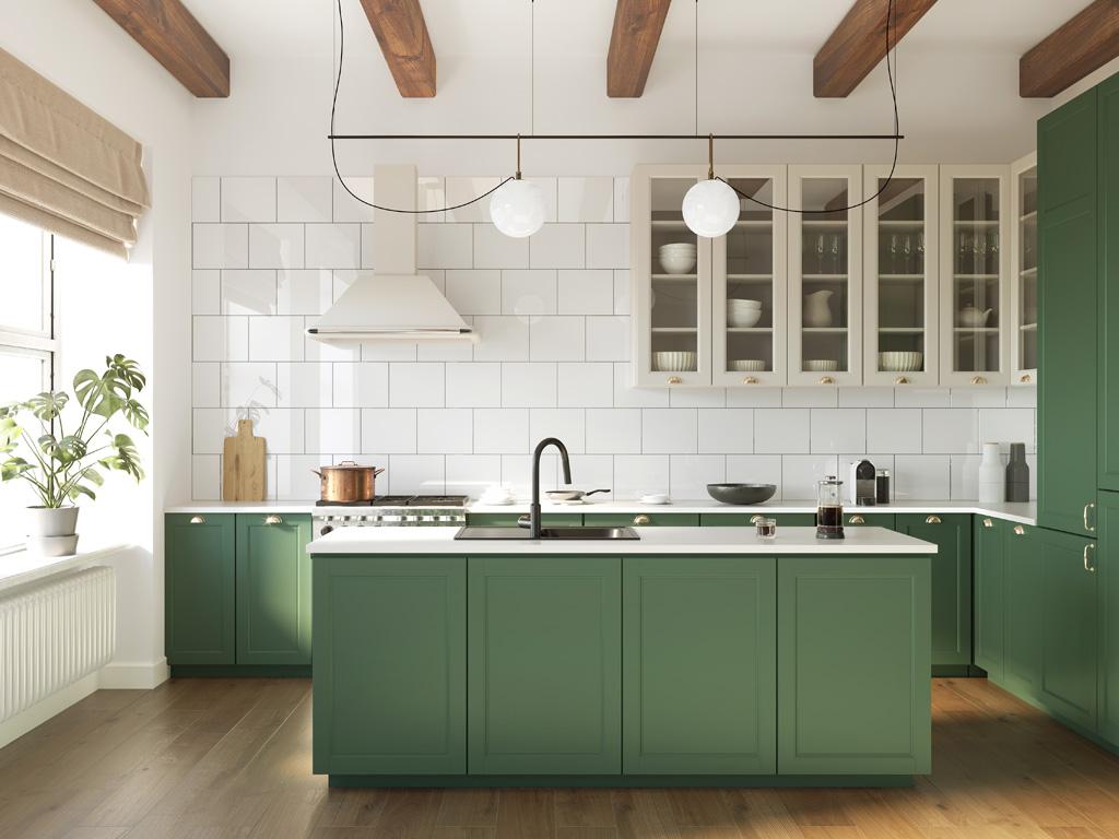 Kitchen with green counters