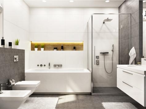bathroom with white fixtures and slate tiles